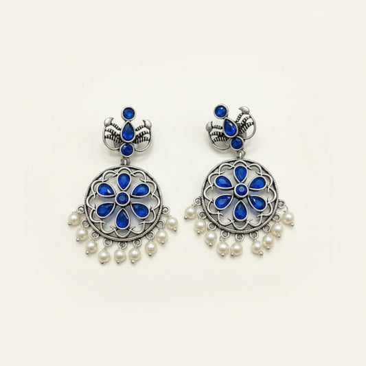 Silver & Royal Blue Floral Pearl Drop Earrings