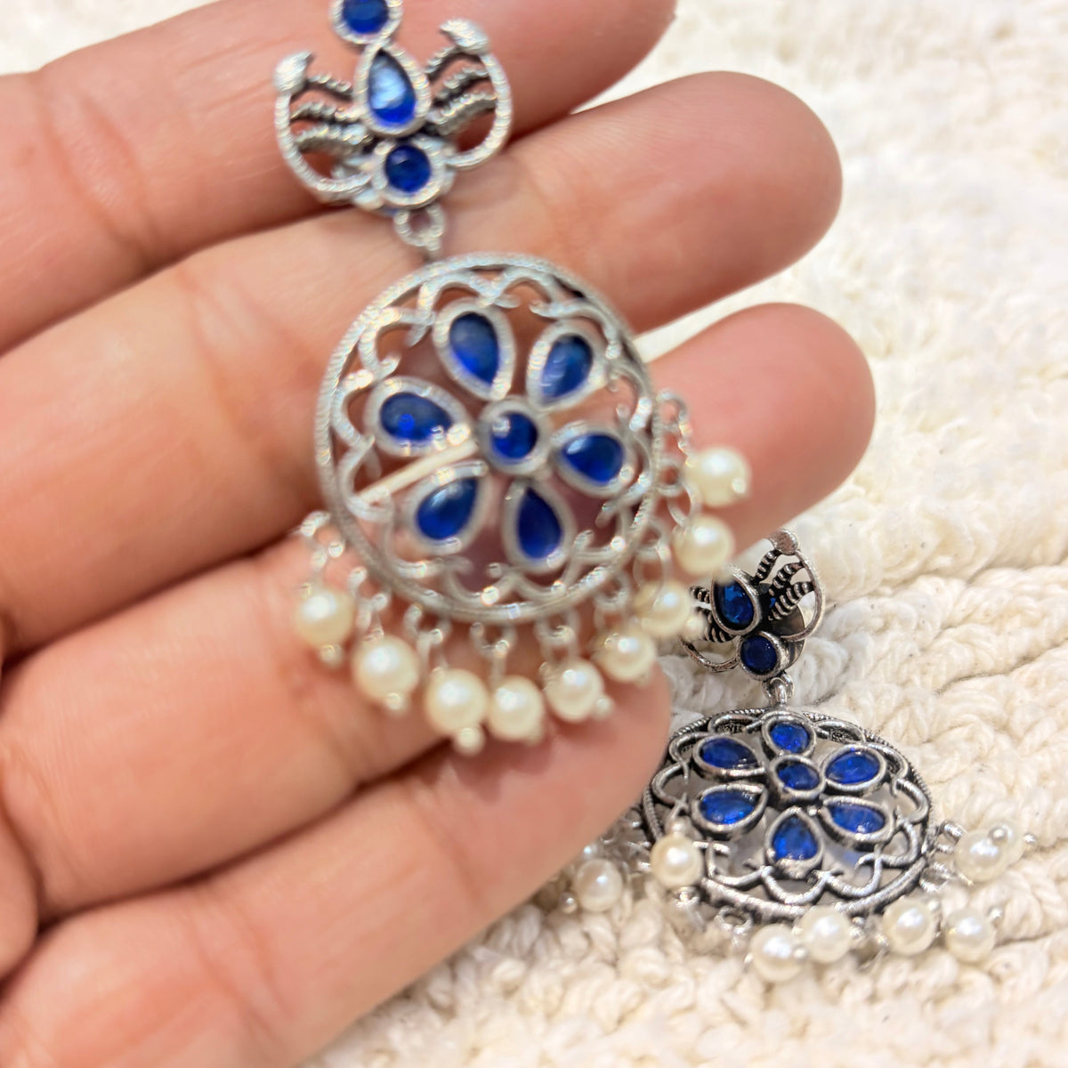 Silver & Royal Blue Floral Pearl Drop Earrings