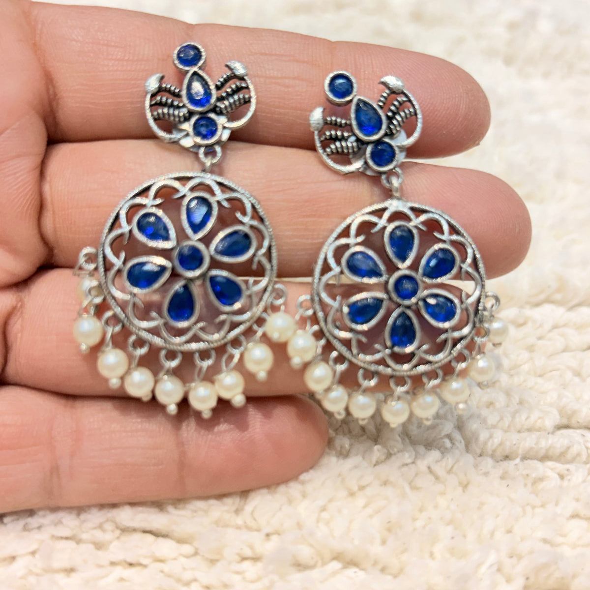 Silver & Royal Blue Floral Pearl Drop Earrings
