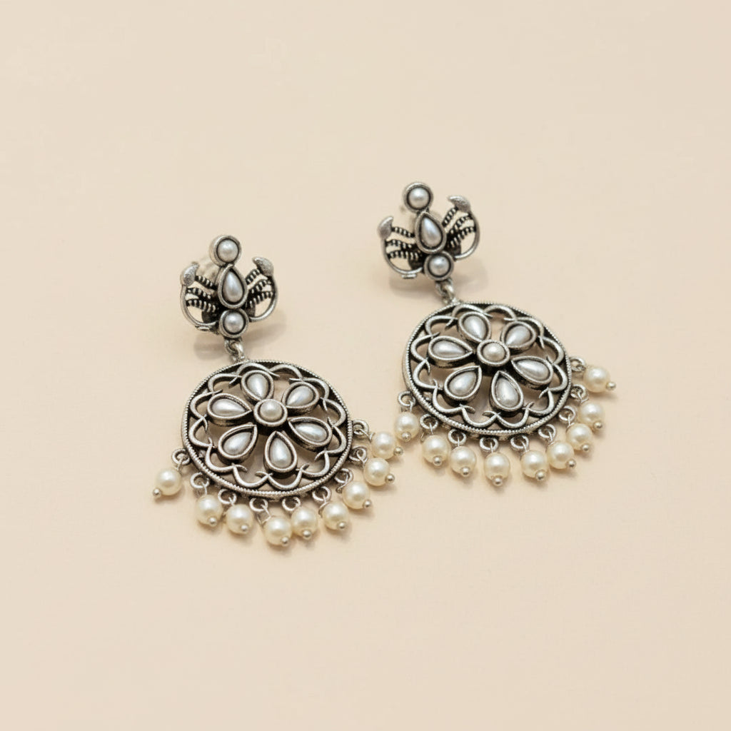 Silver & Pearl Floral Statement Drop Earrings