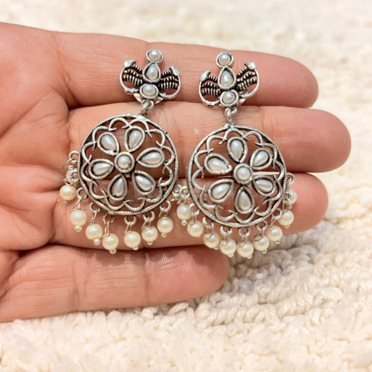 Silver & Pearl Floral Statement Drop Earrings