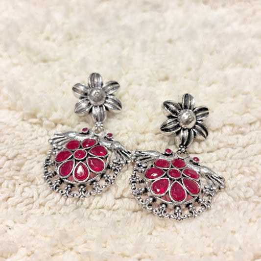 Silver & Ruby Floral Statement Earrings