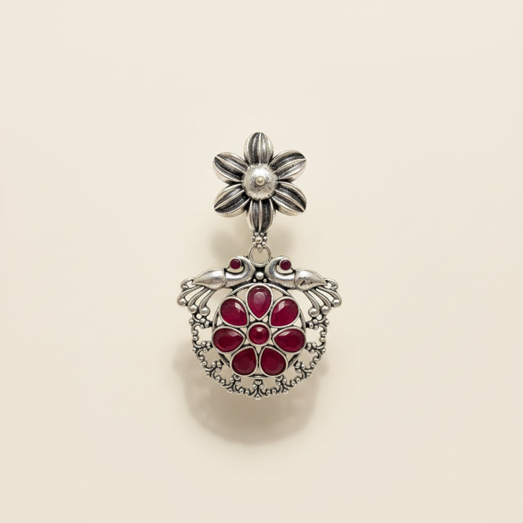 Silver & Ruby Floral Statement Earrings
