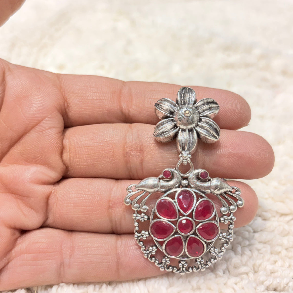 Silver & Ruby Floral Statement Earrings
