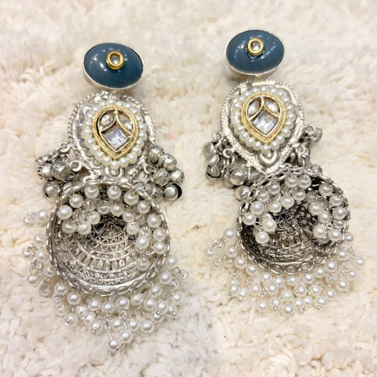 Silver & Gold Pearl Jhumka Earrings