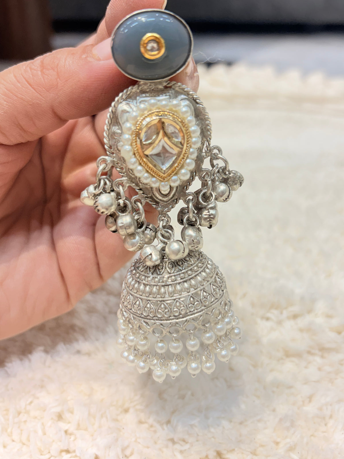 Silver & Gold Pearl Jhumka Earrings