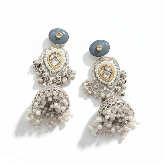 Silver & Gold Pearl Jhumka Earrings