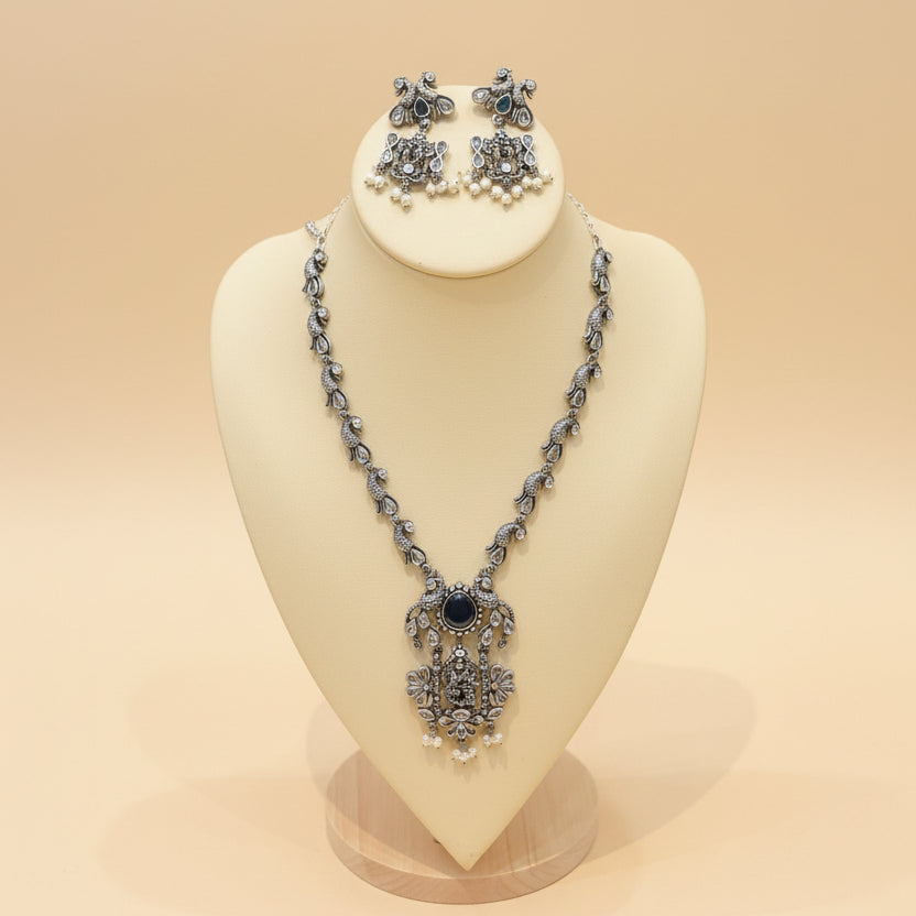 Oxidized Silver Blue Stone Temple Necklace Set