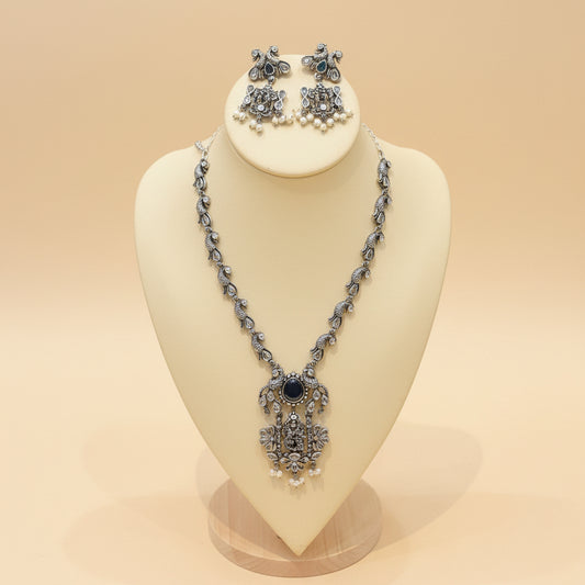 Oxidized Silver Blue Stone Temple Necklace Set