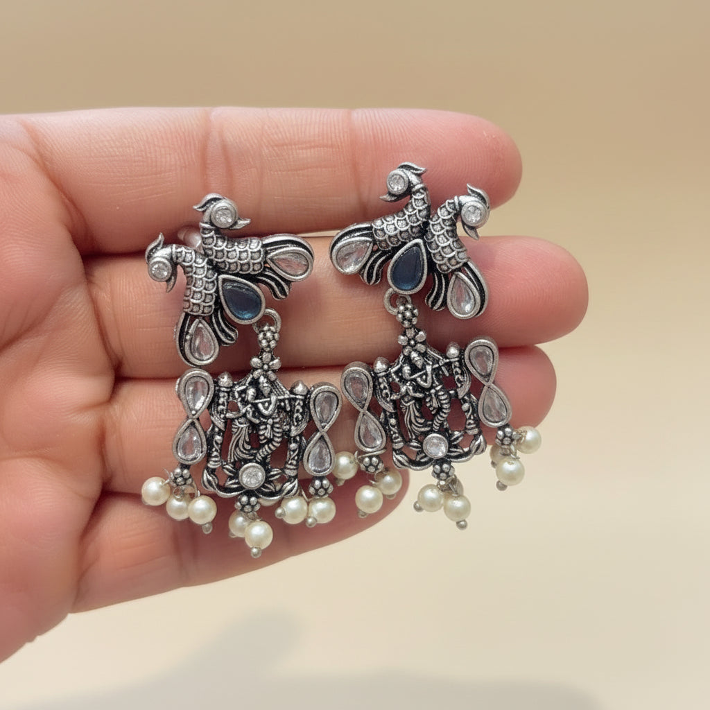 Oxidized Silver Blue Stone Temple Necklace Set