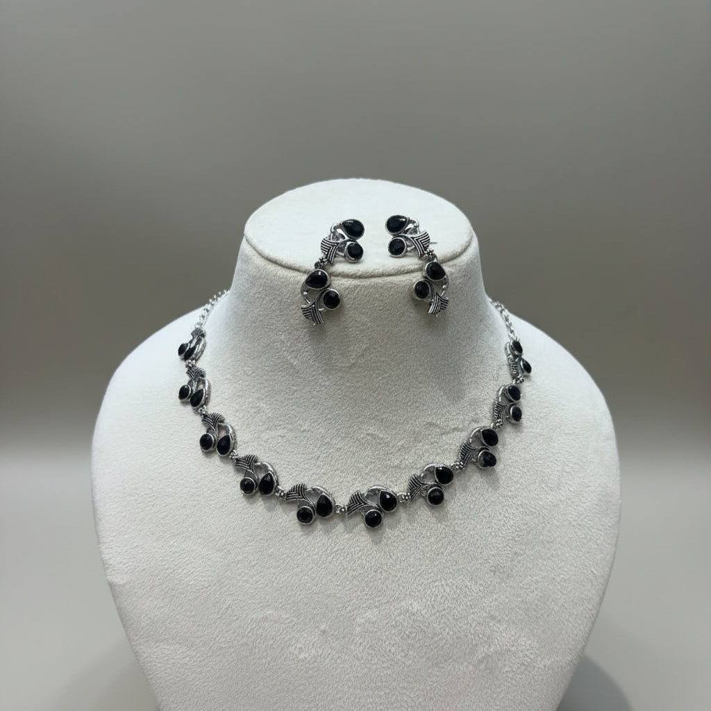 Oxidized Silver Black Stone Necklace Set