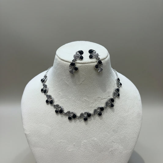Oxidized Silver Black Stone Necklace Set