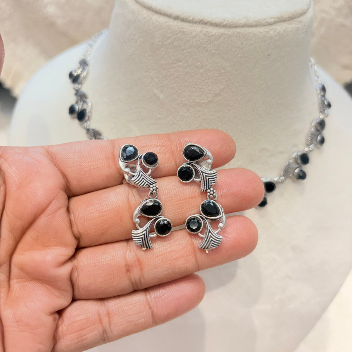 Oxidized Silver Black Stone Necklace Set
