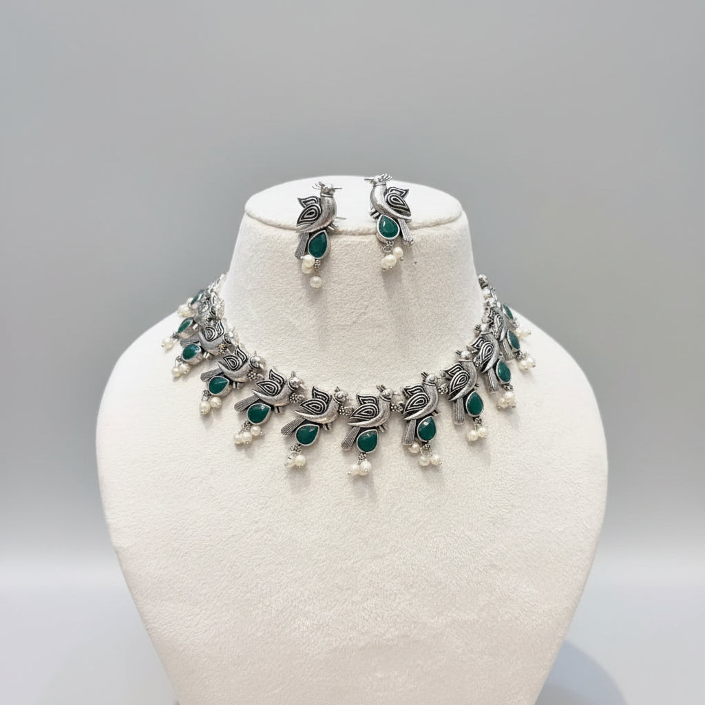 Oxidized Silver Peacock Green Stone Necklace Set
