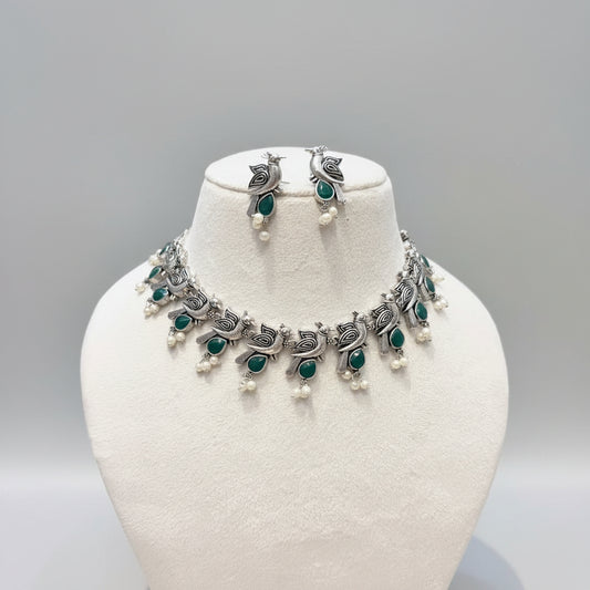 Oxidized Silver Peacock Green Stone Necklace Set
