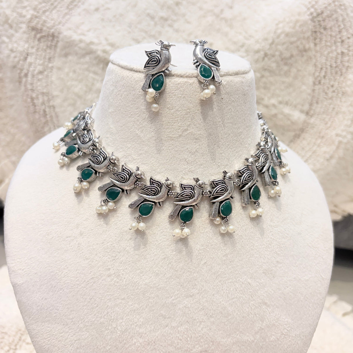 Oxidized Silver Peacock Green Stone Necklace Set