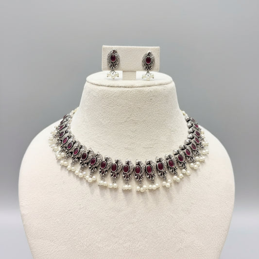 Oxidized Silver Ruby Red Stone Necklace Set