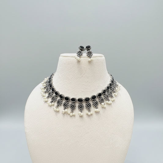 Oxidized Silver Black Stone Pearl Choker Set