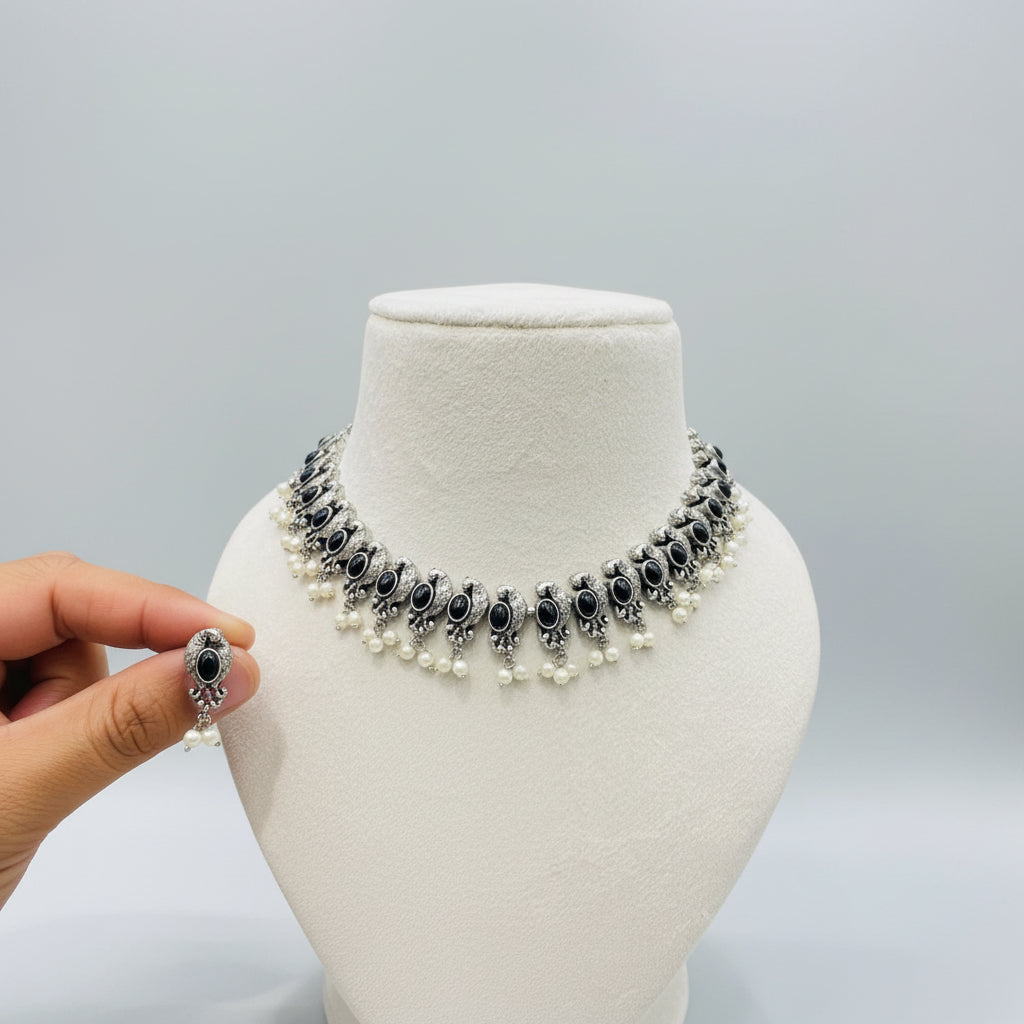 Oxidized Silver Black Stone Pearl Choker Set