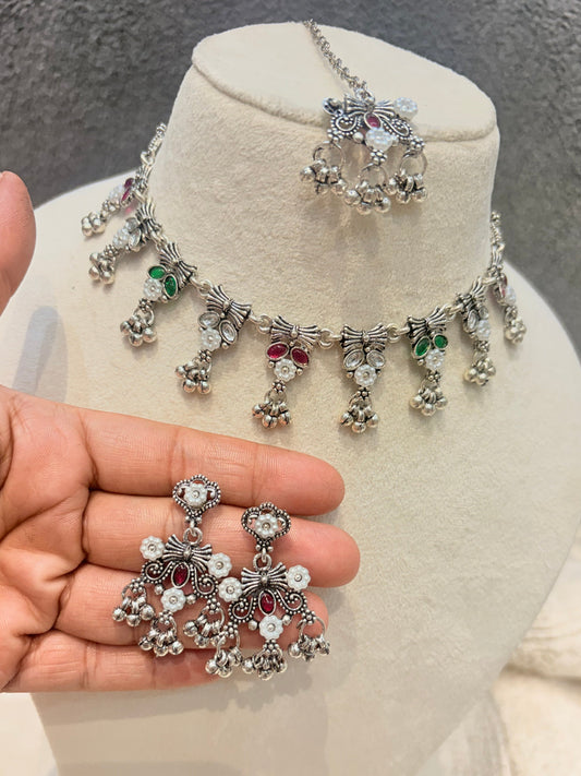 Oxidized Silver Multicolor Stone Necklace Set