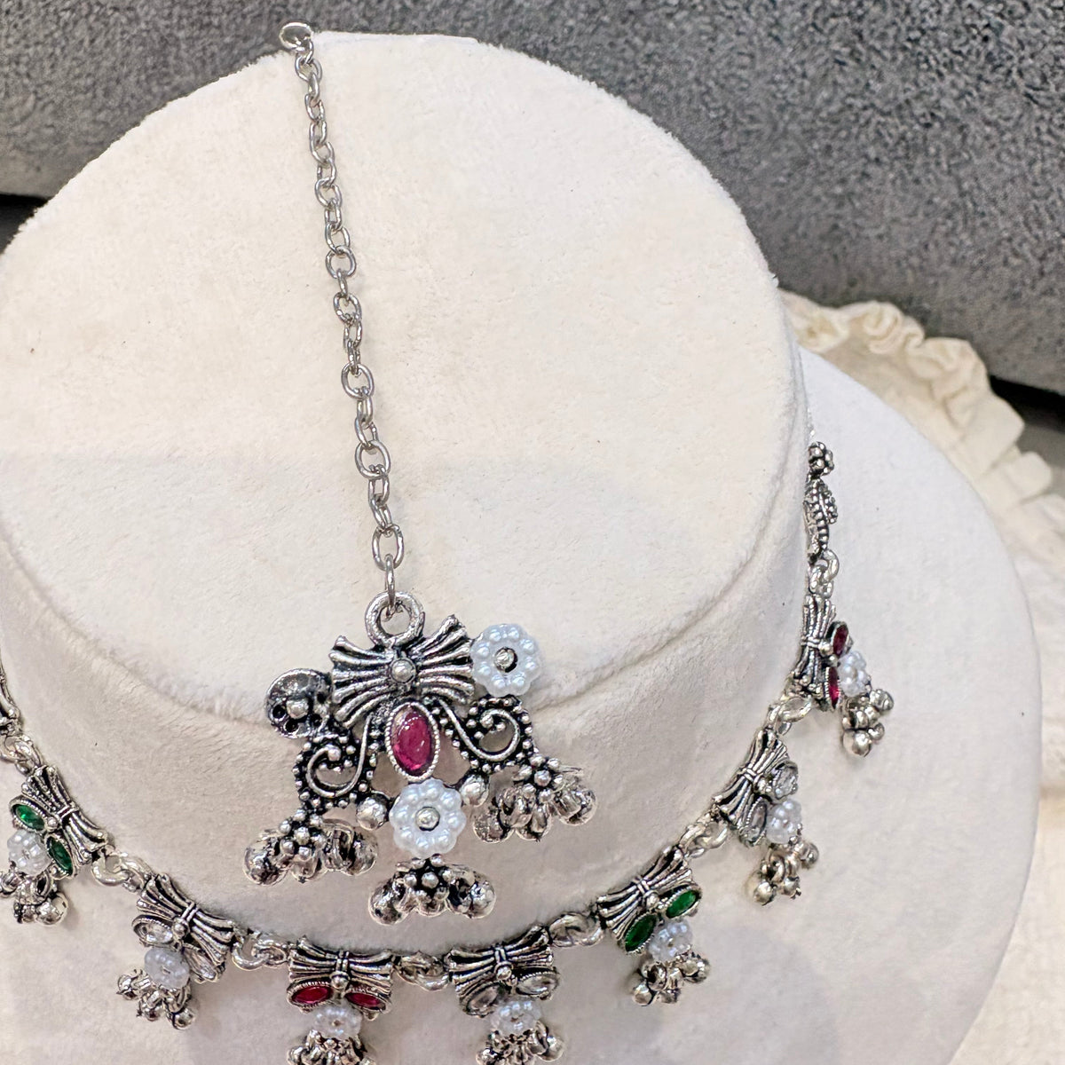 Oxidized Silver Multicolor Stone Necklace Set