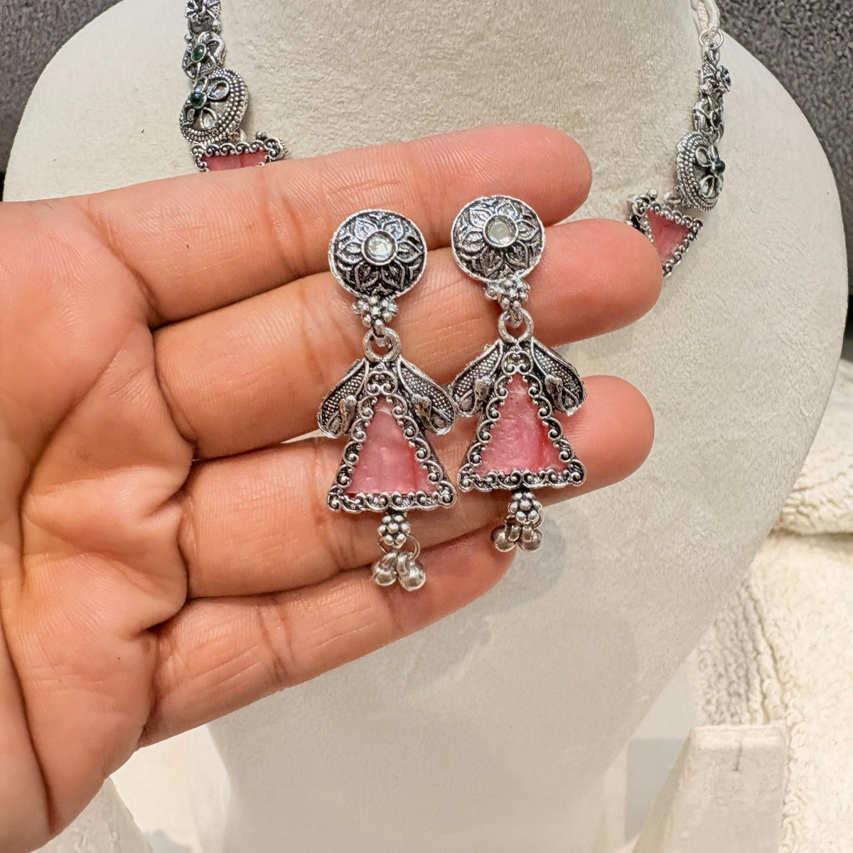 Oxidized Silver Pink & Green Stone Necklace Set