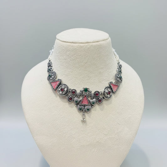Oxidized Silver Pink & Green Stone Necklace Set