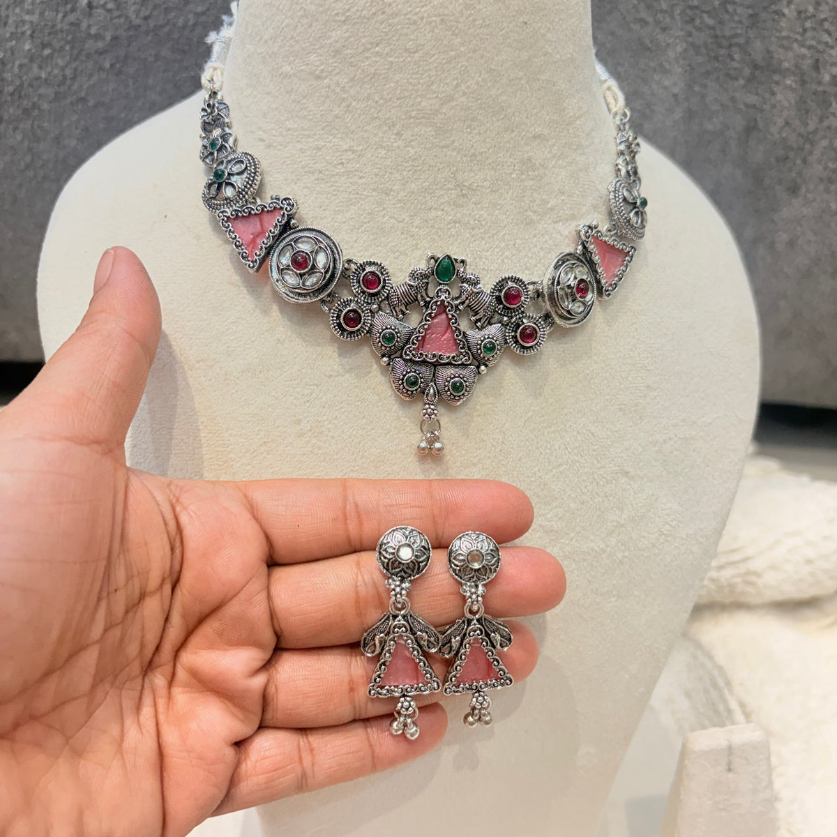 Oxidized Silver Pink & Green Stone Necklace Set