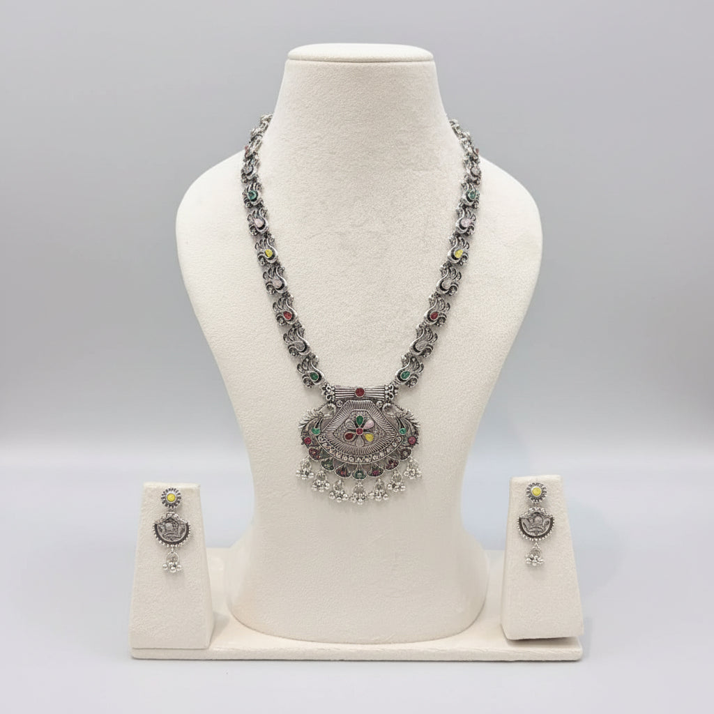 Oxidized Silver Multicolor Stone Statement Necklace Set