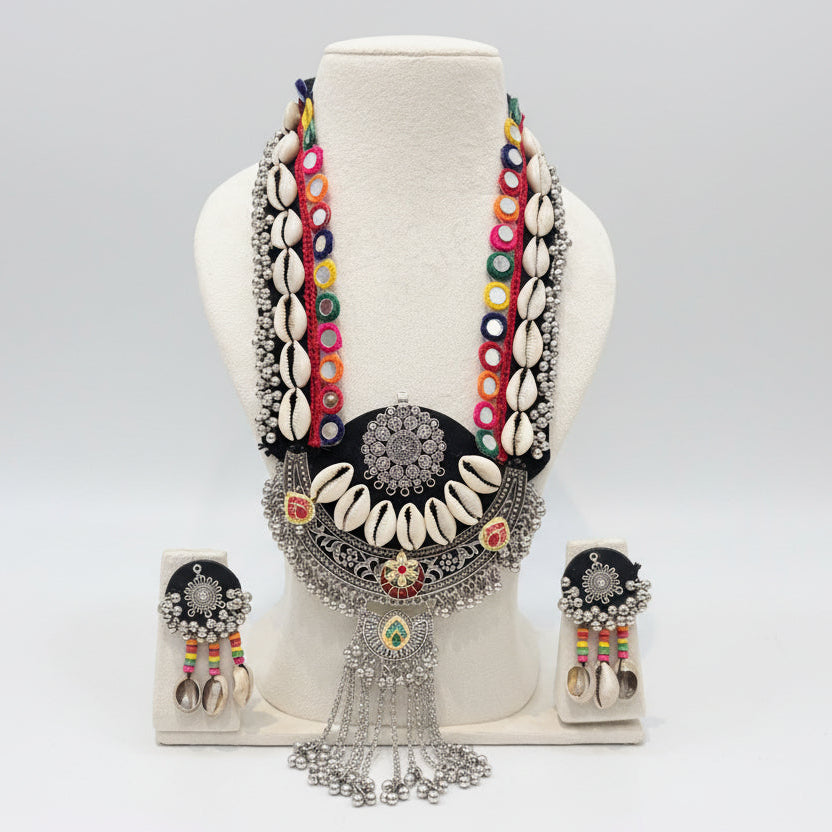 Multicolour Handloom Cowrie Shell Oxidised Necklace Set