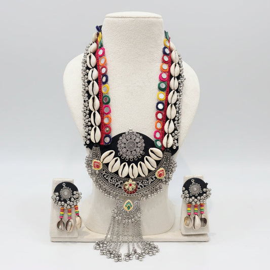 Multicolour Handloom Cowrie Shell Oxidised Necklace Set