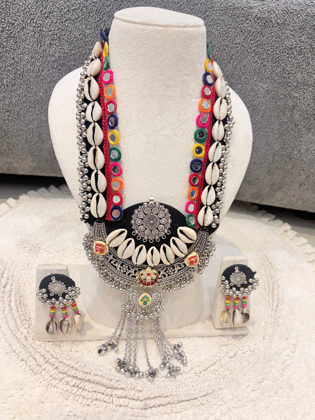 Multicolour Handloom Cowrie Shell Oxidised Necklace Set