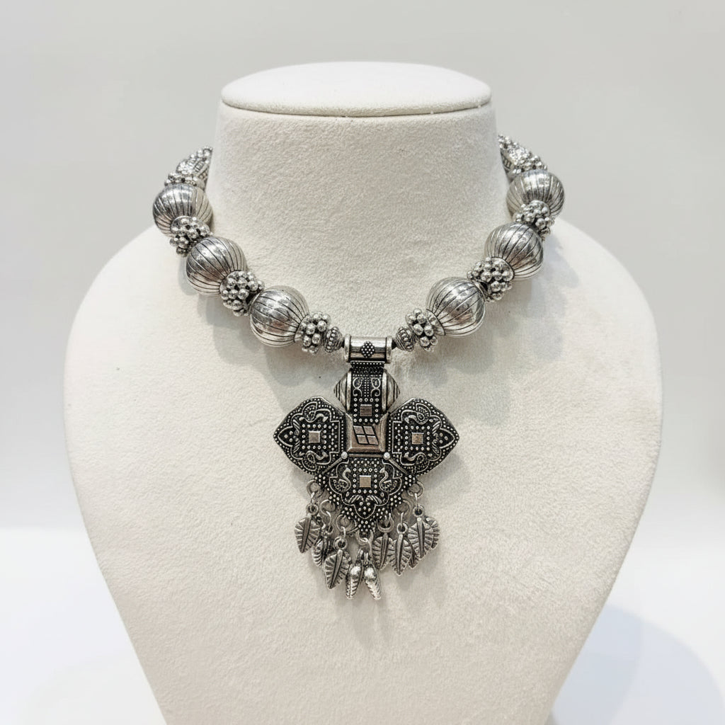 Oxidised Silver Floral Pendant Statement Necklace