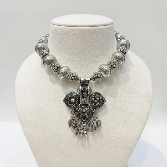 Oxidised Silver Floral Pendant Statement Necklace
