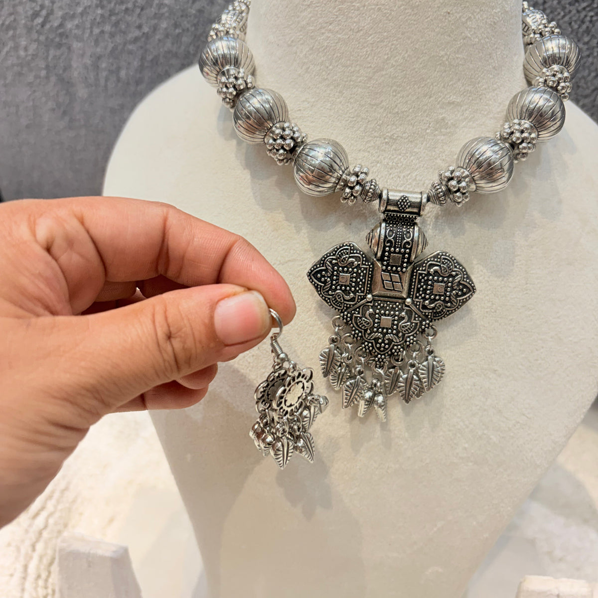 Oxidised Silver Floral Pendant Statement Necklace