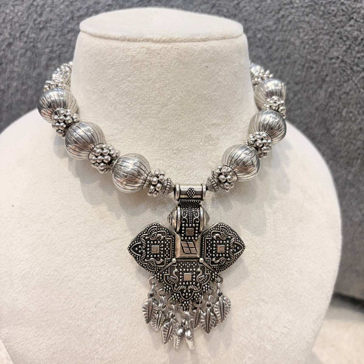 Oxidised Silver Floral Pendant Statement Necklace