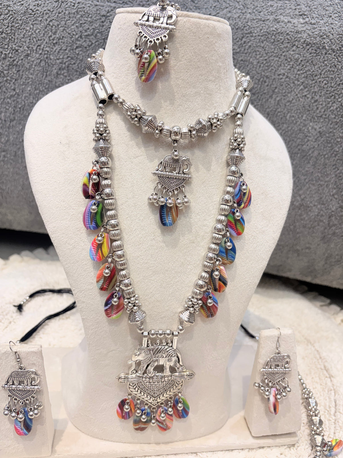 Multicolour Oxidised Silver Statement Necklace Set