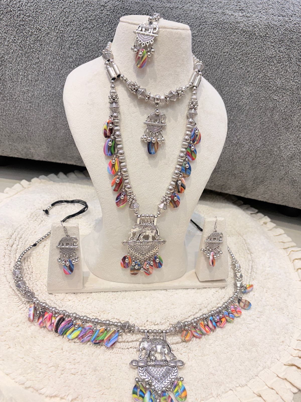 Multicolour Oxidised Silver Statement Necklace Set