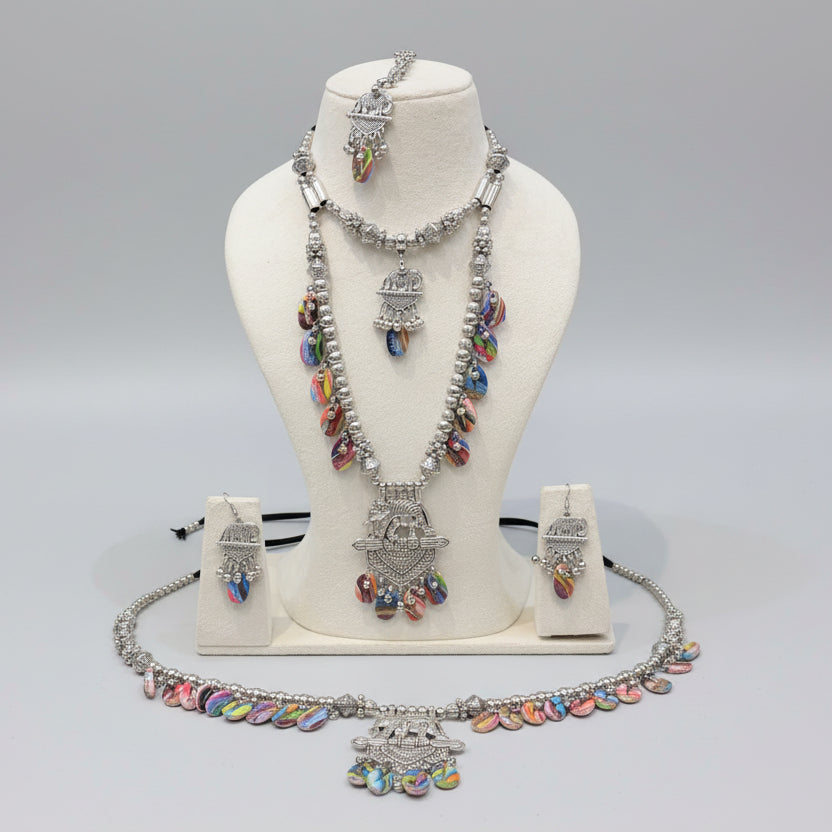 Multicolour Oxidised Silver Statement Necklace Set