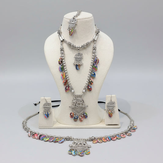 Multicolour Oxidised Silver Statement Necklace Set