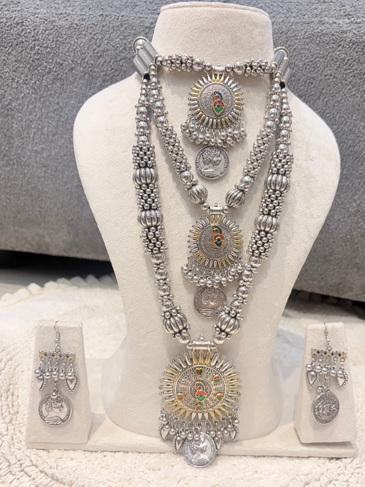 Antique Silver Peacock Statement Necklace Set
