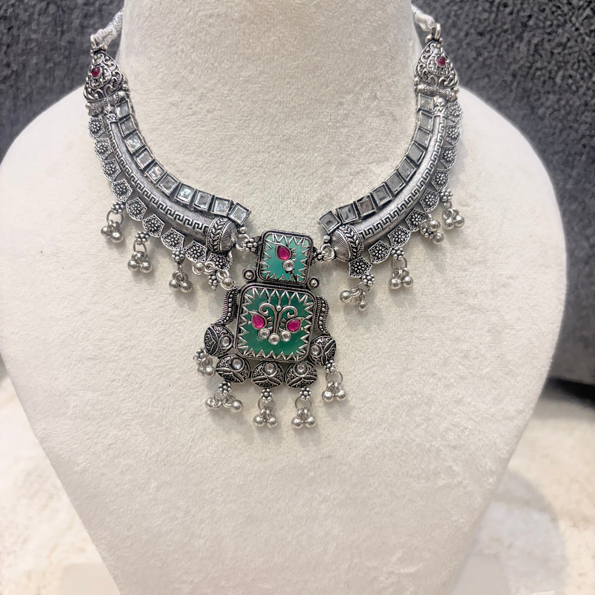Green & Pink Meenakari Oxidised Necklace Set