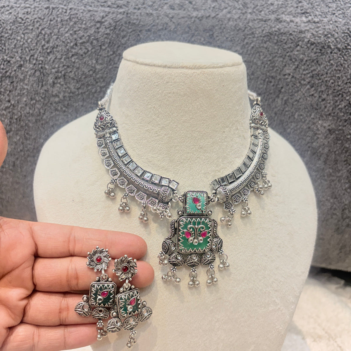 Green & Pink Meenakari Oxidised Necklace Set