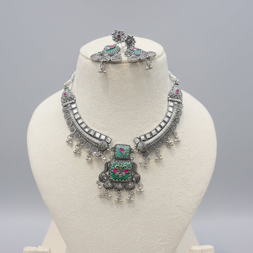 Green & Pink Meenakari Oxidised Necklace Set