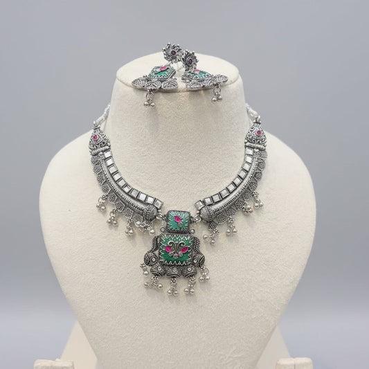 Green & Pink Meenakari Oxidised Necklace Set