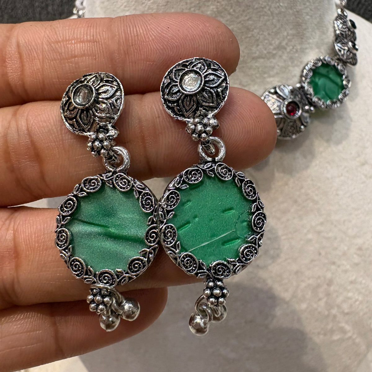 Green Enamel Oxidised Necklace Set