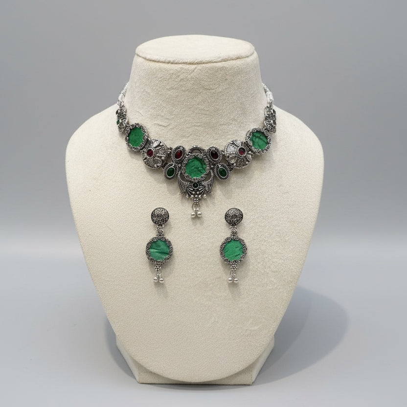 Green Enamel Oxidised Necklace Set