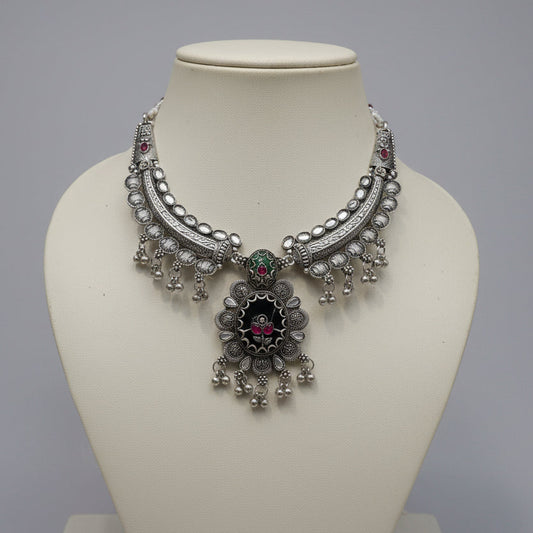 Silver Oxidized Green & Ruby Pendant Necklace