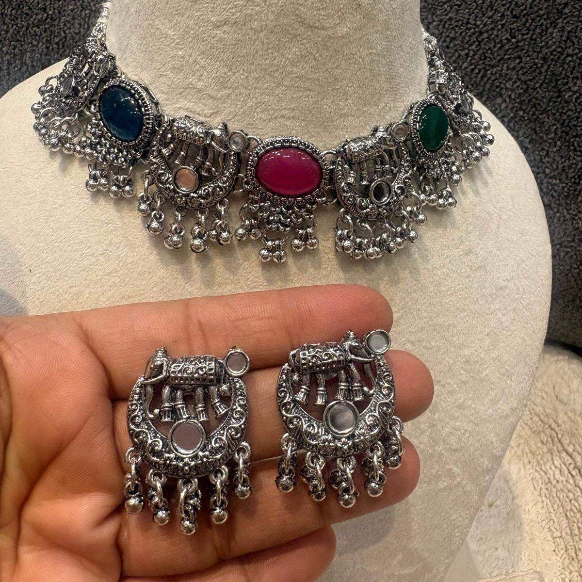 Oxidized Silver Multicolor Stone Choker Set