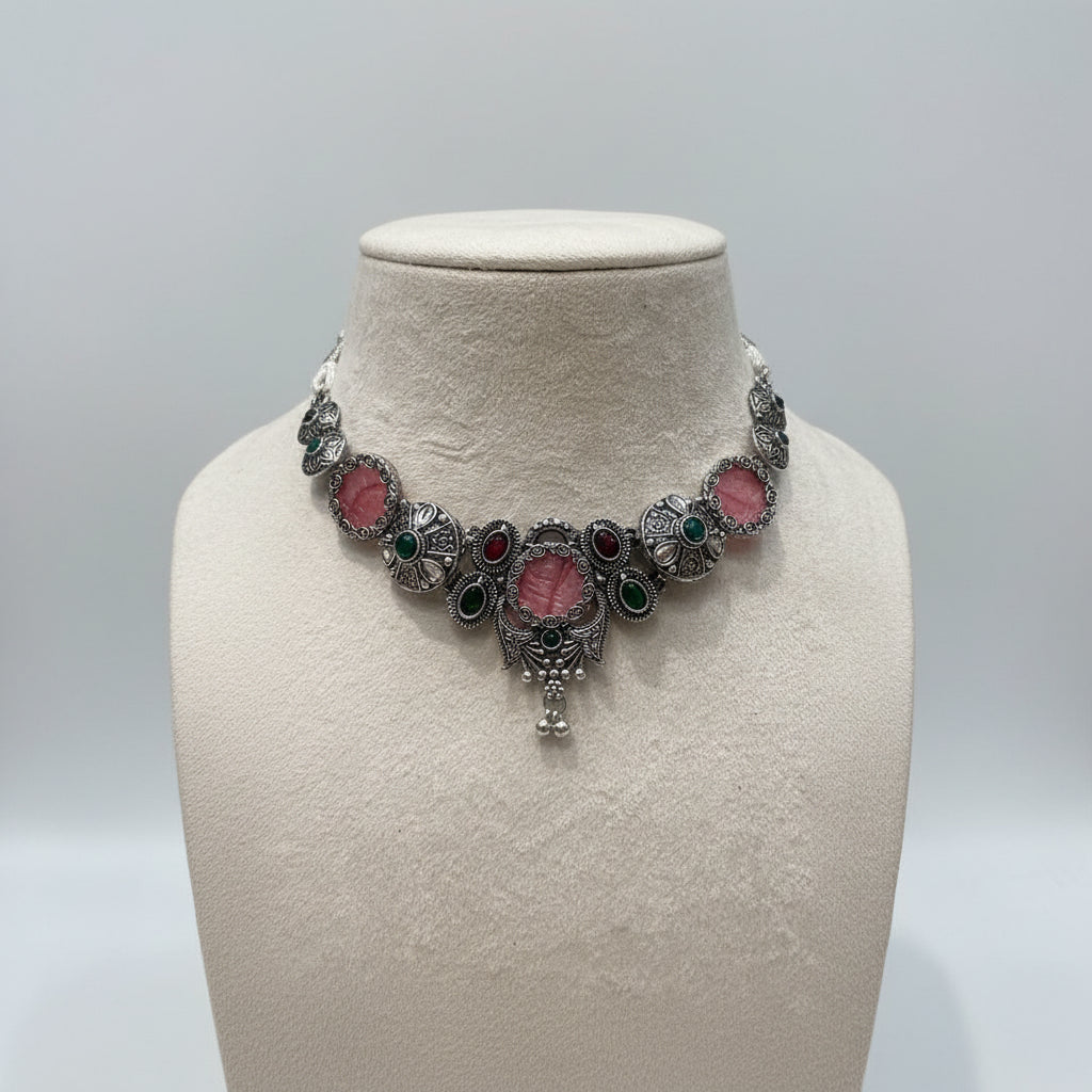 Oxidized Silver Pink & Green Choker Set